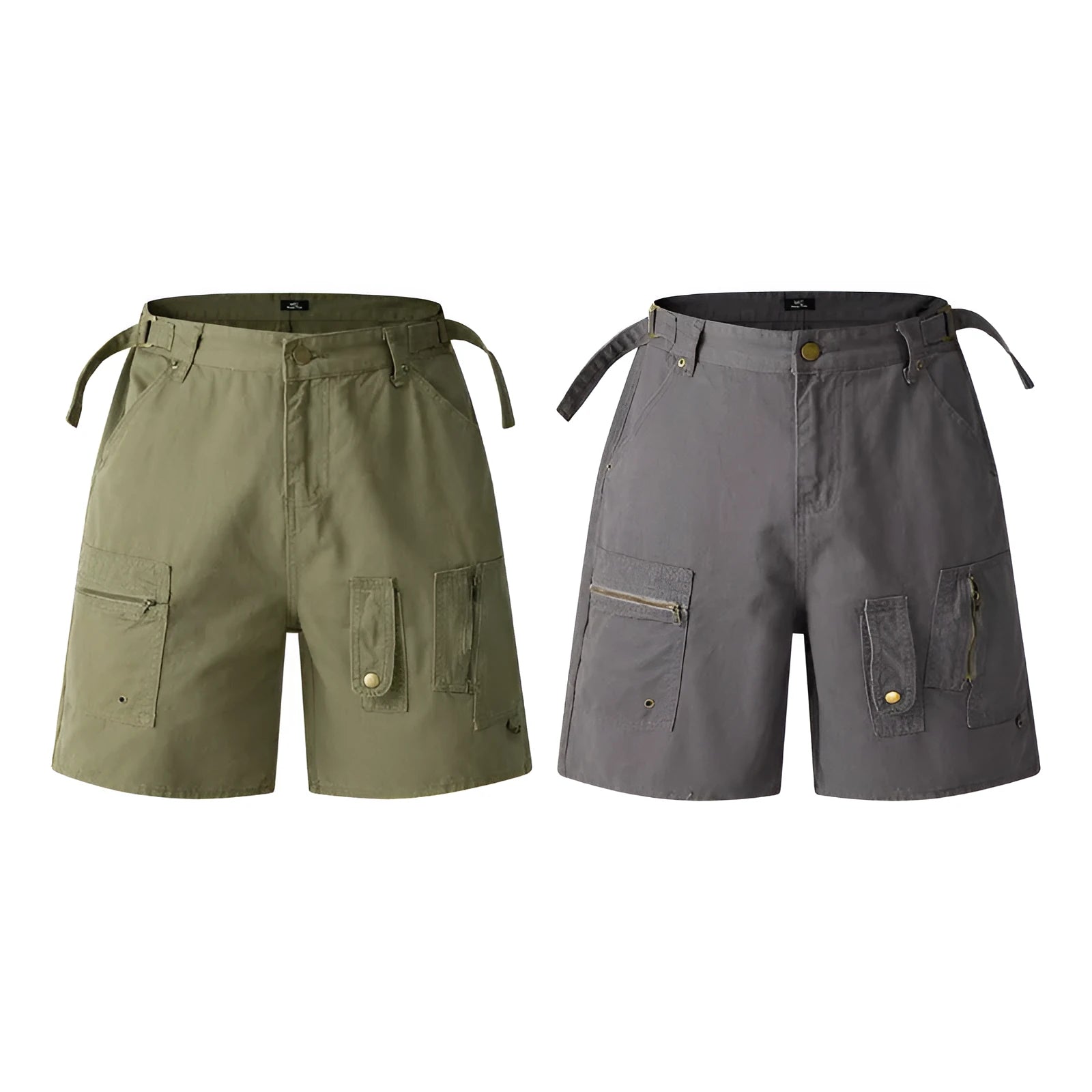 Grey loose-fit retro washed cotton shorts with elasticated waistband on a hanger.