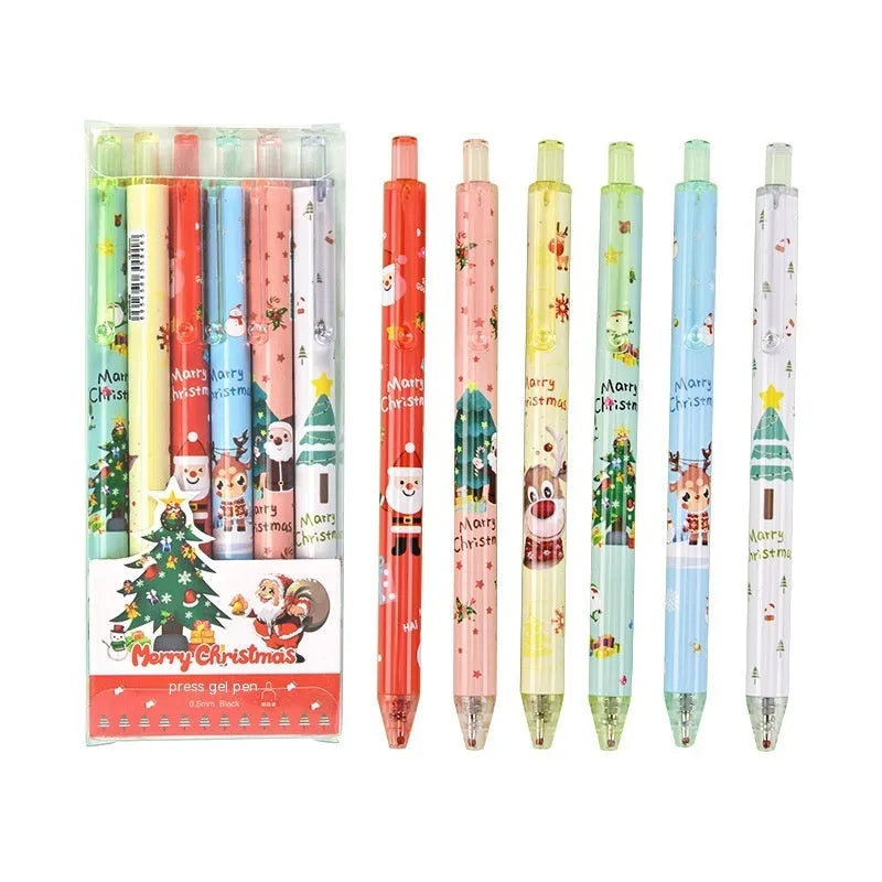 Set of six black ink signature pens with colourful cartoon design on plastic shells.