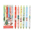 Set of six black ink signature pens with colourful cartoon design on plastic shells.