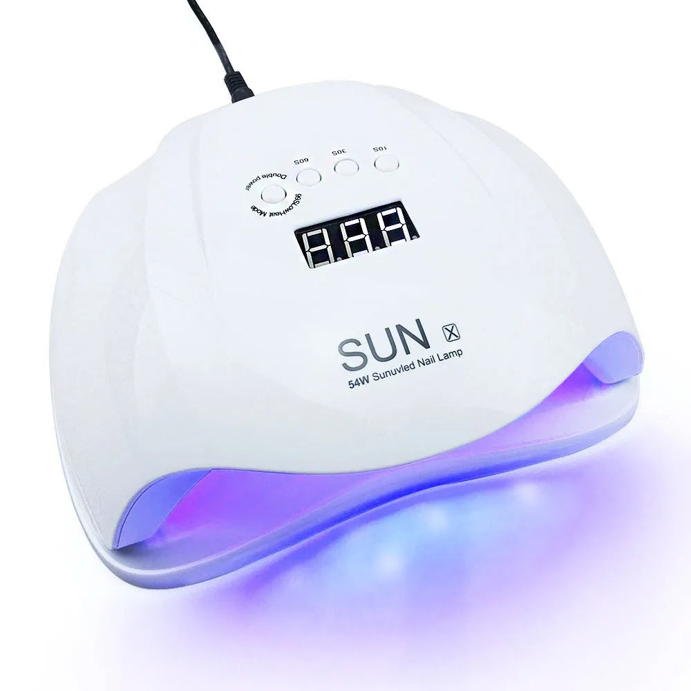 54W UV LED nail lamp dryer with EU plug on white desk, compact design for gel nail curing