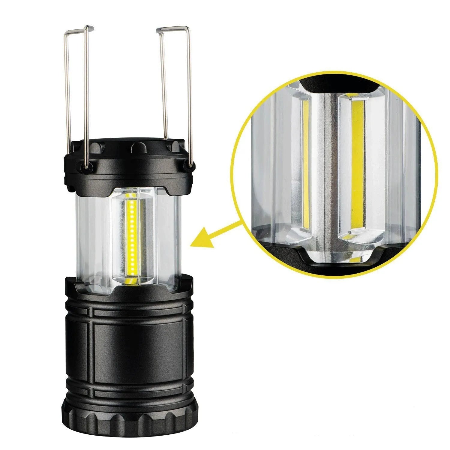 COB LED camping lamp in black with telescopic body and hook, standing on a wooden surface