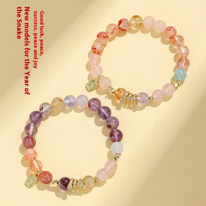 Adjustable lucky snake crystal and plastic flower bracelet for women with string beads