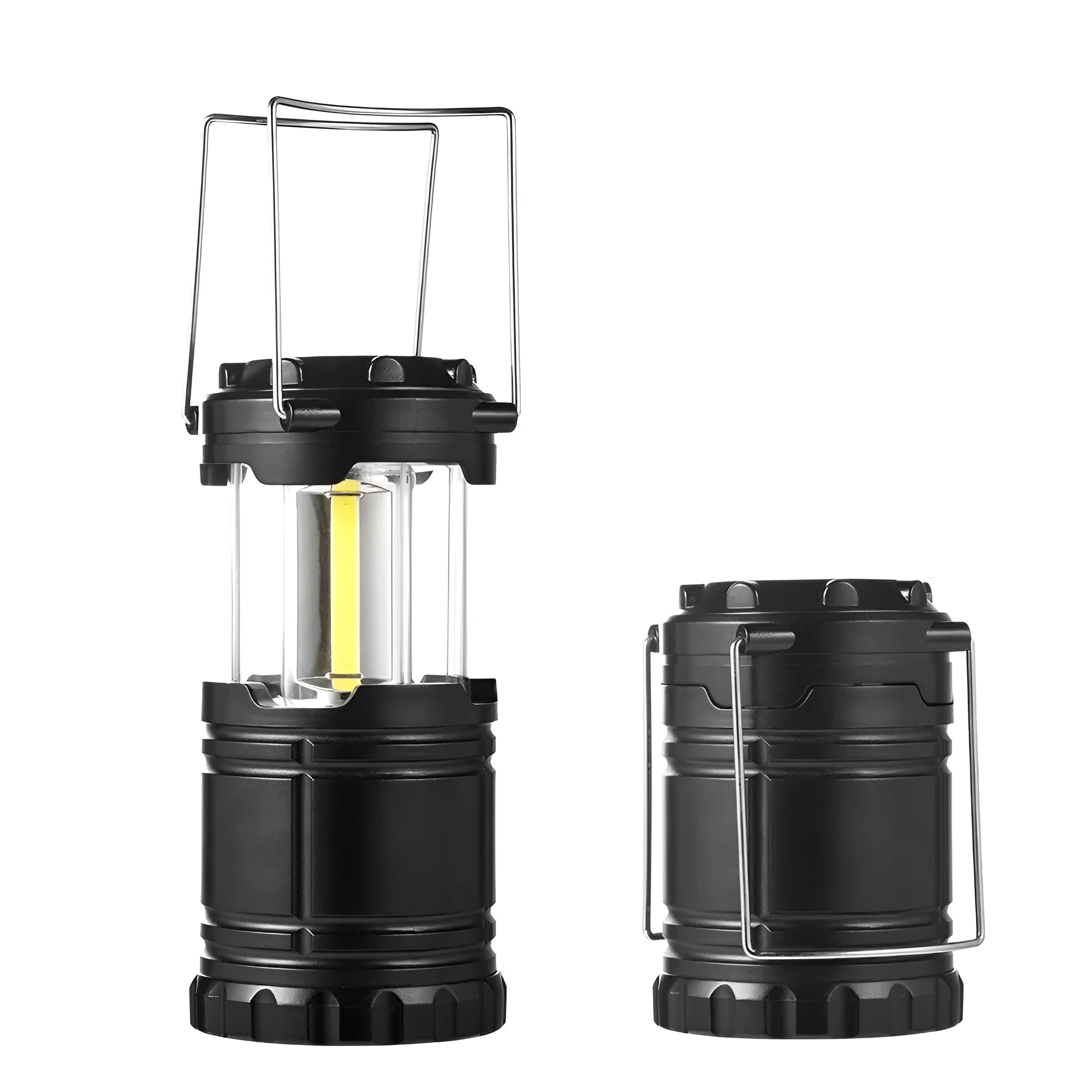 COB LED camping lamp in black with telescopic body and hook, standing on a wooden surface