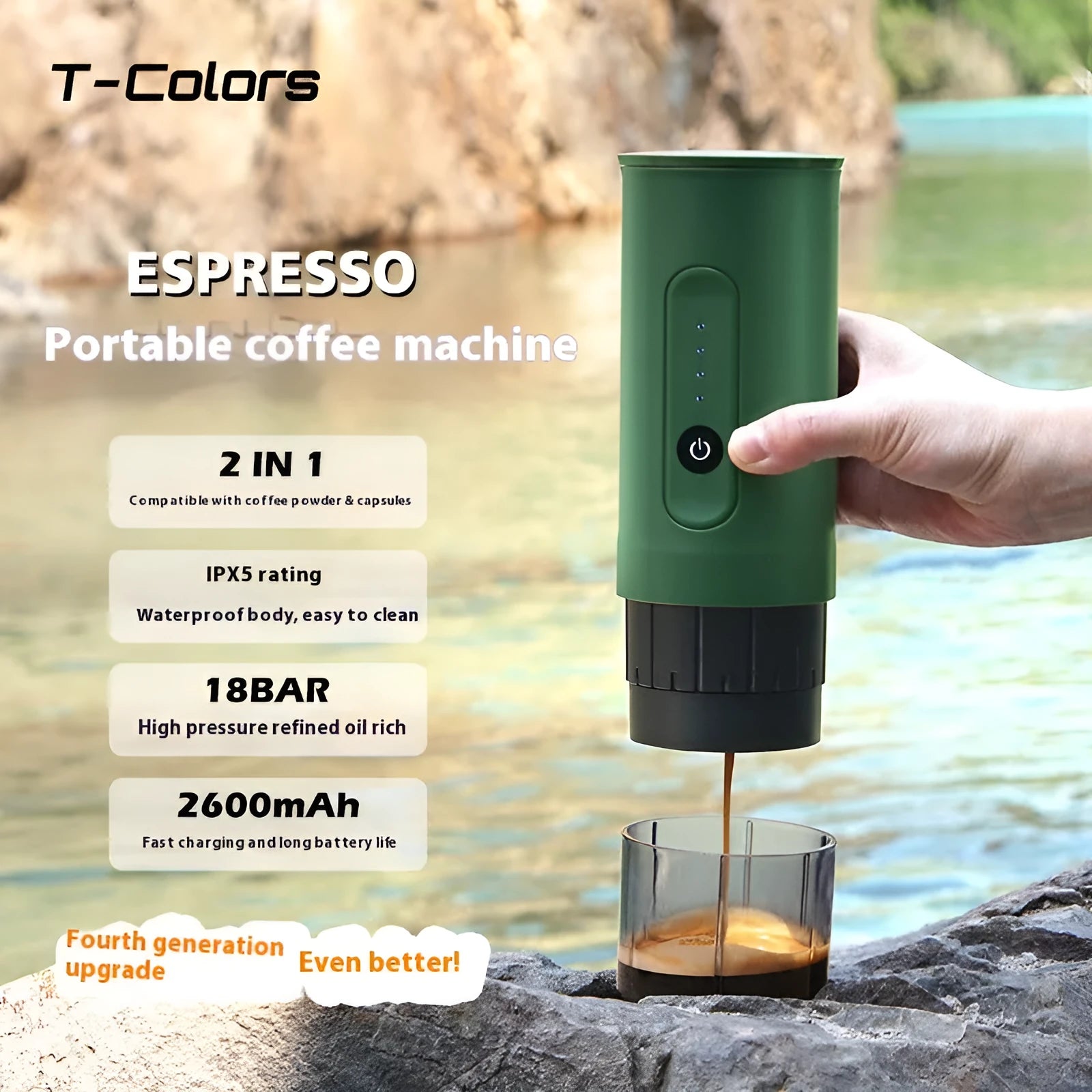 Portable stainless steel coffee machine with car charger compatibility in three colour options