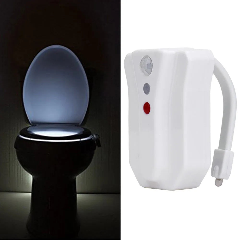 8-colour LED toilet light with motion sensor and flexible stick for night-time bathroom use