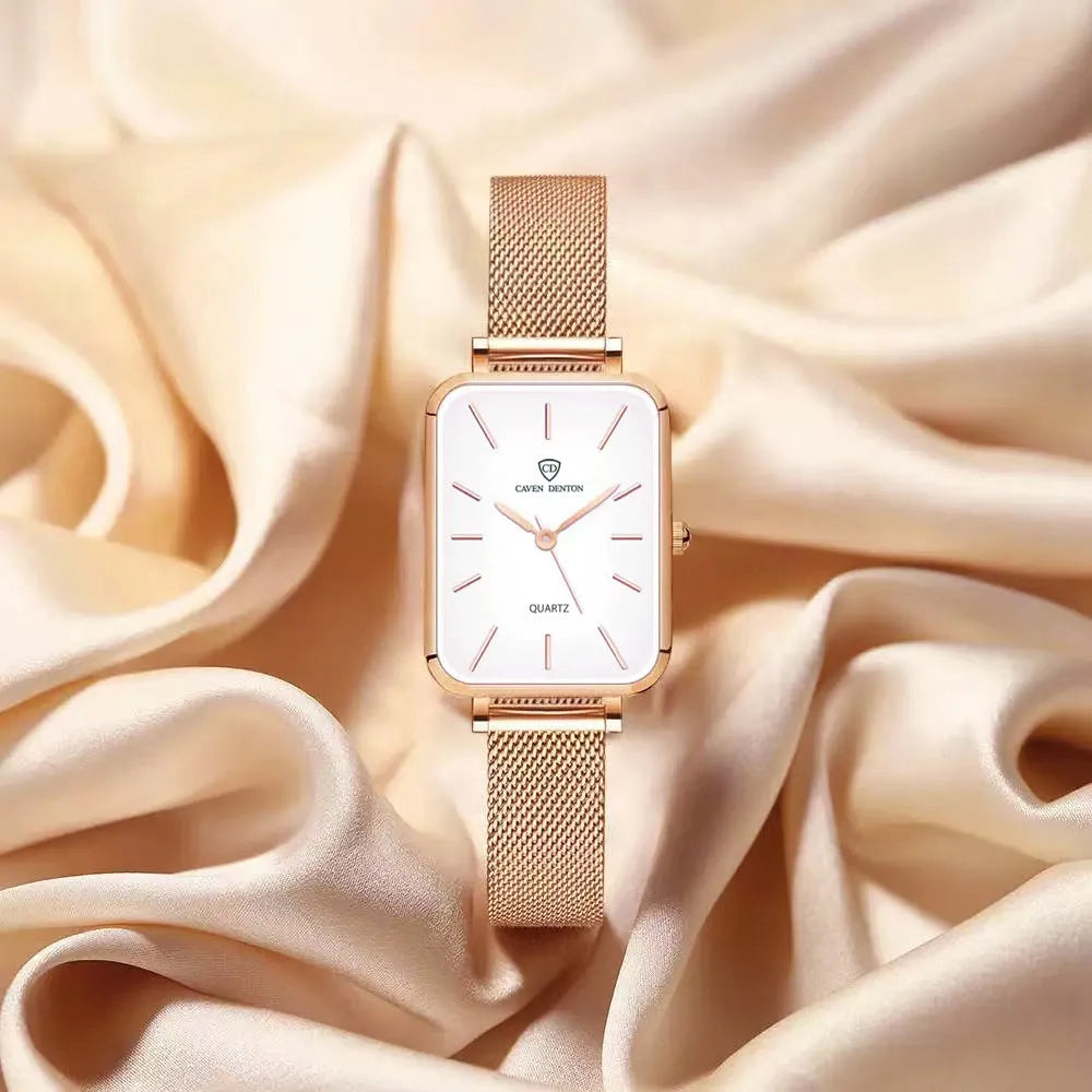 Women's rose gold waterproof quartz watch with alloy case and woven steel strap