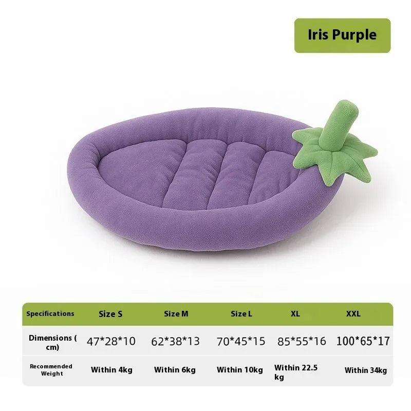 Removable washable dog bed mat in cloth fabric, shown in purple colour on a wooden floor.