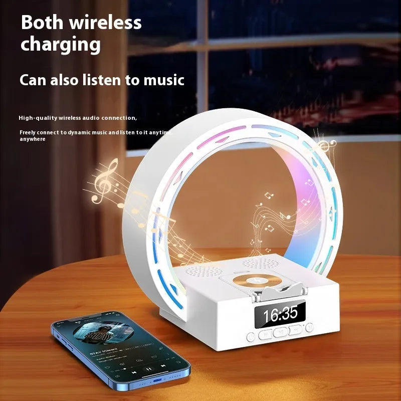 White multifunction Bluetooth speaker with wireless charging pad, digital clock display, and bedside lamp features