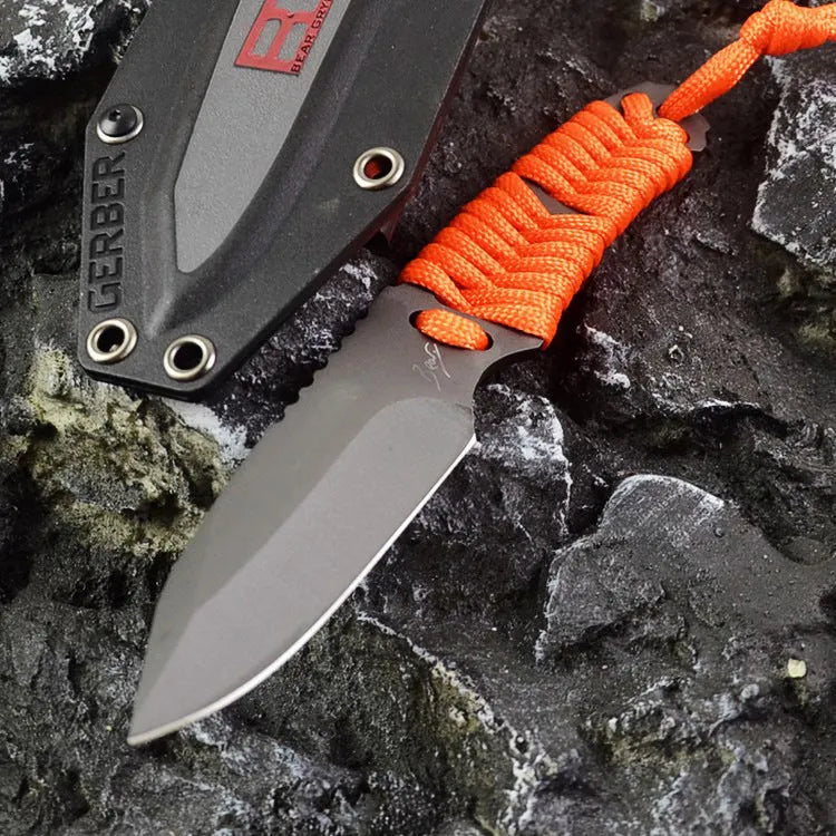 Straight blade camping knife with rope handle and ABS plastic sheath