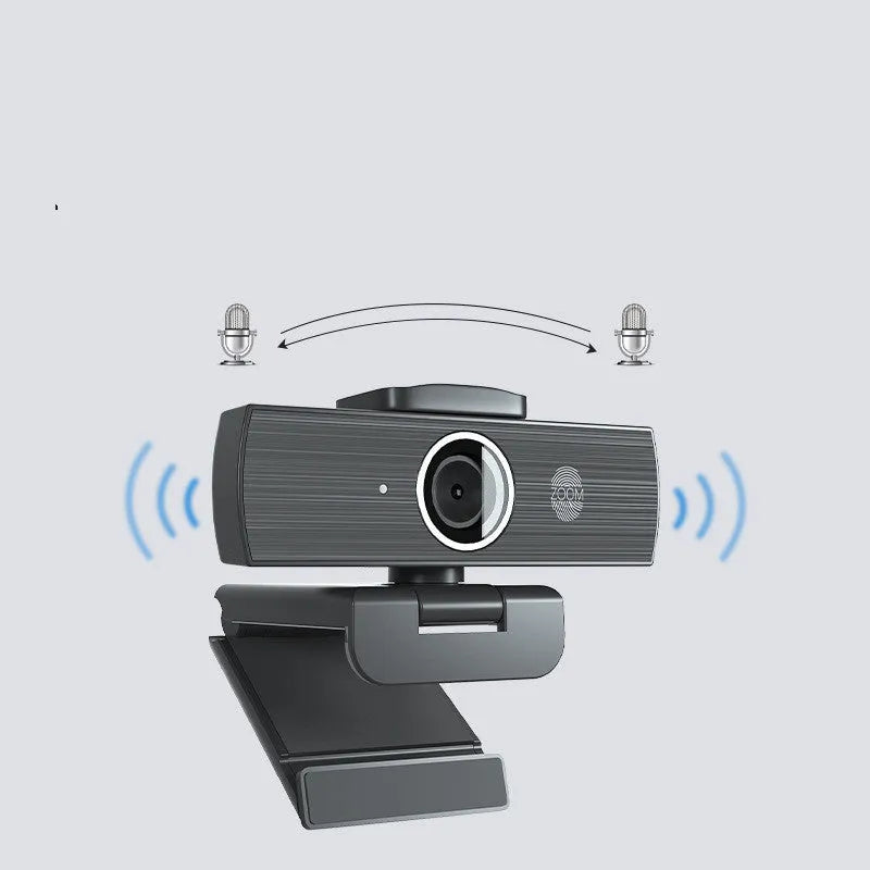 Black 8MP USB webcam with magnetic privacy cover on a laptop, showing 4K 60FPS video call on screen.