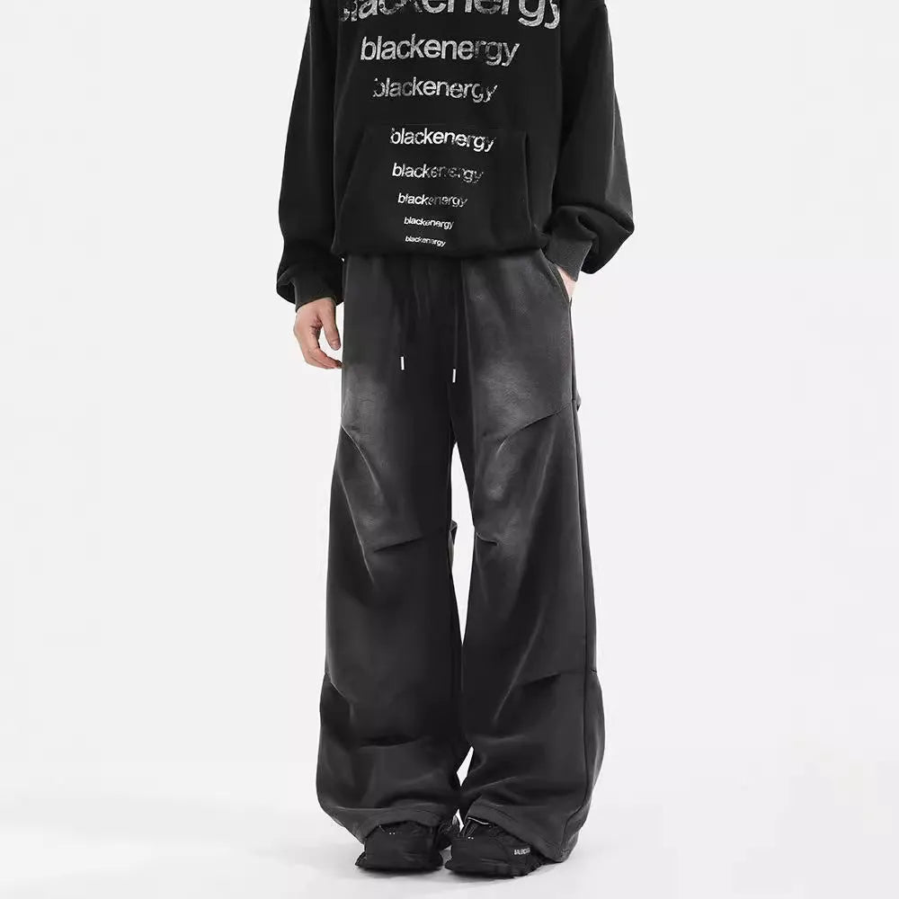 Men's straight loose cotton sweatpants with pleated design, elastic waist, in black and gray, sizes S-XXXL