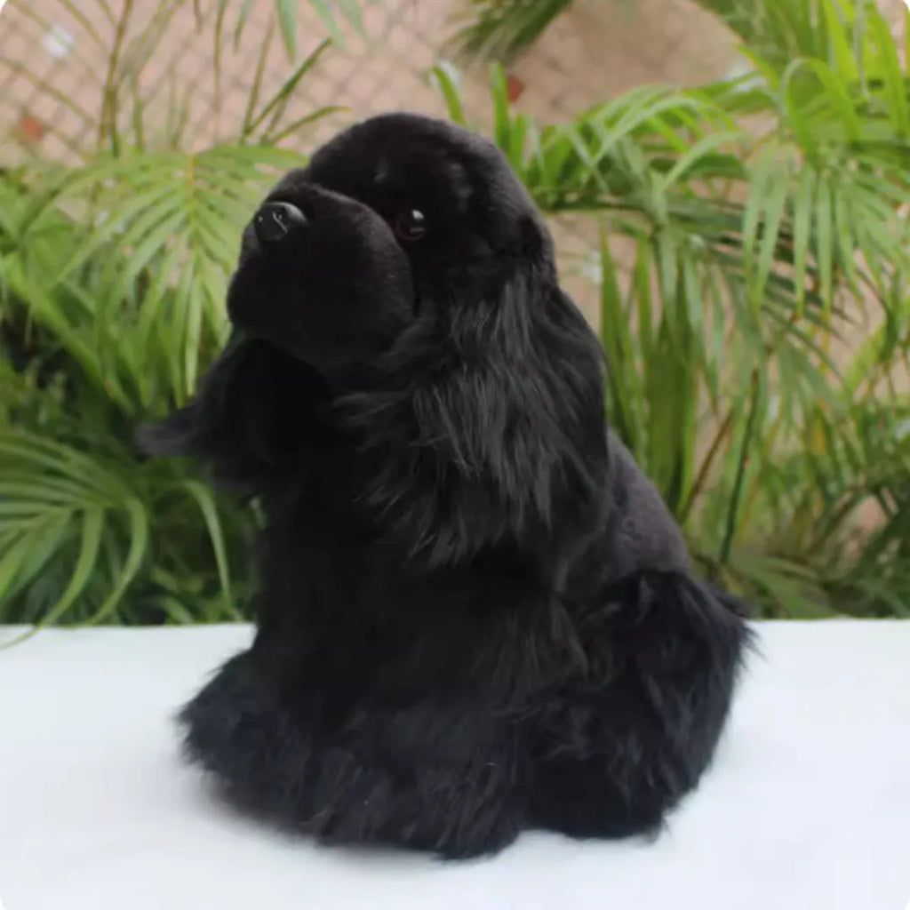 Black simulated cocker dog plush doll, 27cm from nose to buttocks, with PP cotton filling
