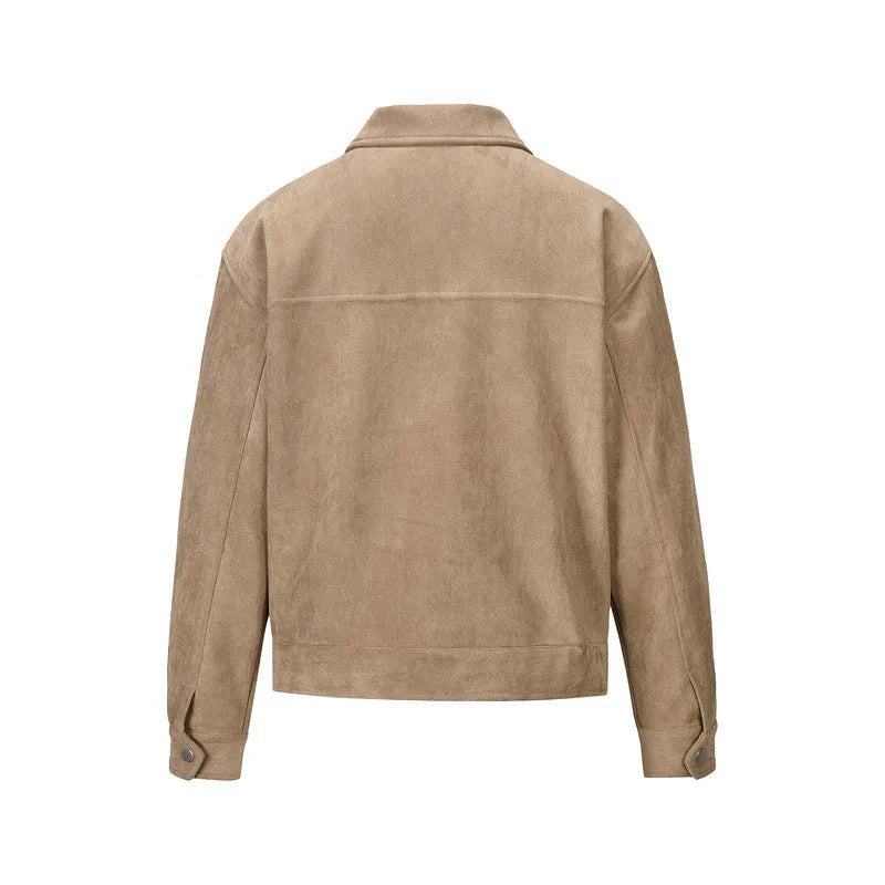 A man's slim-fit jacket in camel colour with a thickened zipper and large side pockets.