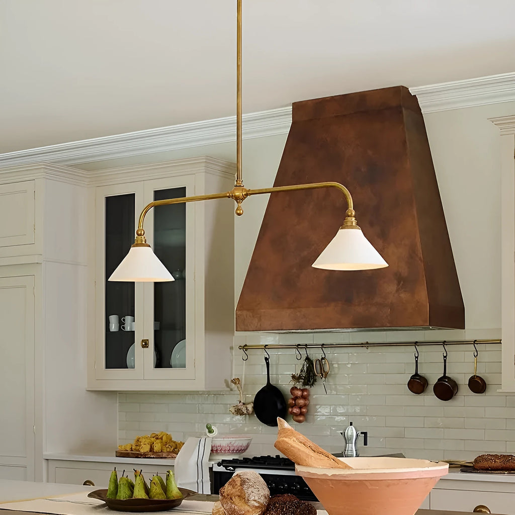 All copper American retro linear chandelier with warm LED light over kitchen island, aluminium lampshade option