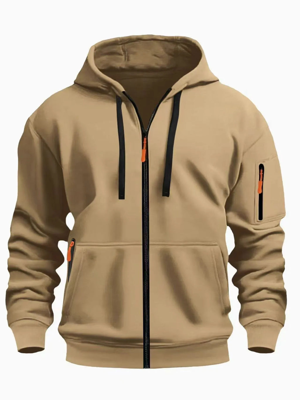 Man wearing a zip-up fleece-lined hooded sweatshirt in army green colour.