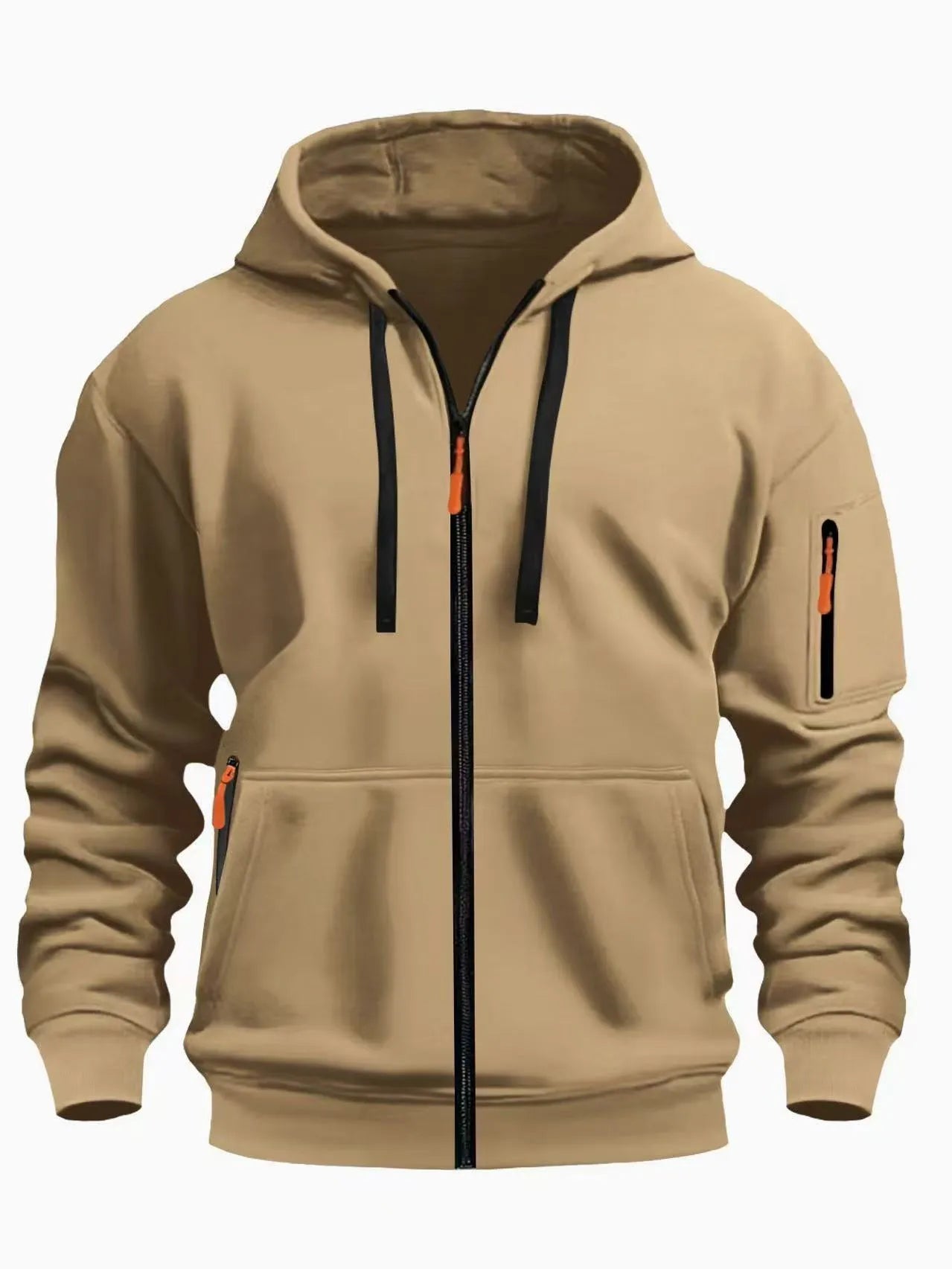 Man wearing a zip-up fleece-lined hooded sweatshirt in army green colour.