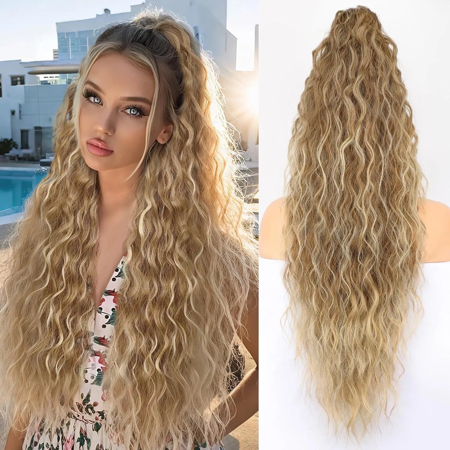 Fluffy long curly synthetic ponytail wig in high temperature fibre with grip attachment