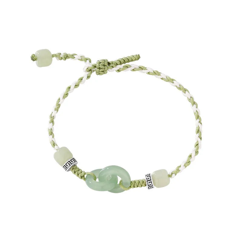 Green jade buckle women's bracelet with double ring design and copper construction