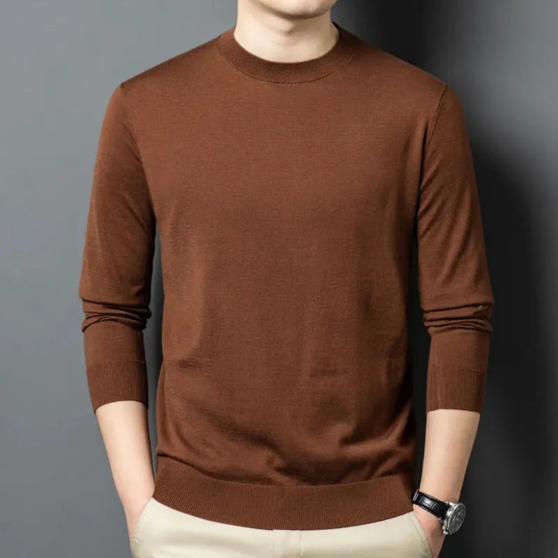 Men's round neck long sleeve wool and mulberry silk pullover sweater in various colours.