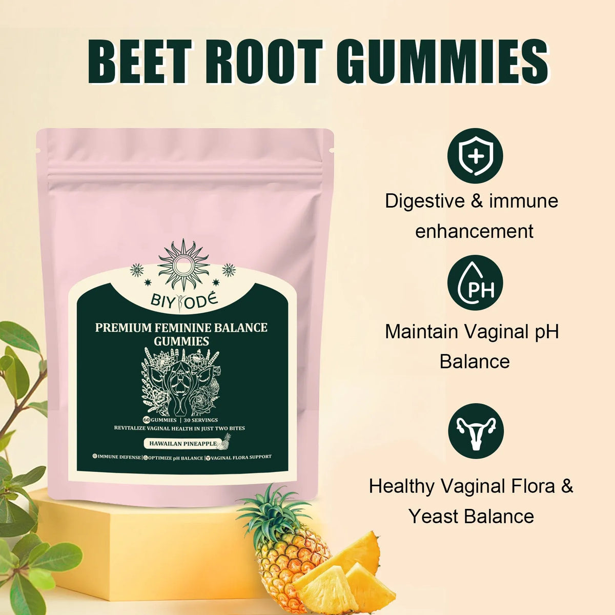 Feminine balance gummies with pineapple fruit powder and vitamin C, 60 gummies per bag, biyode brand