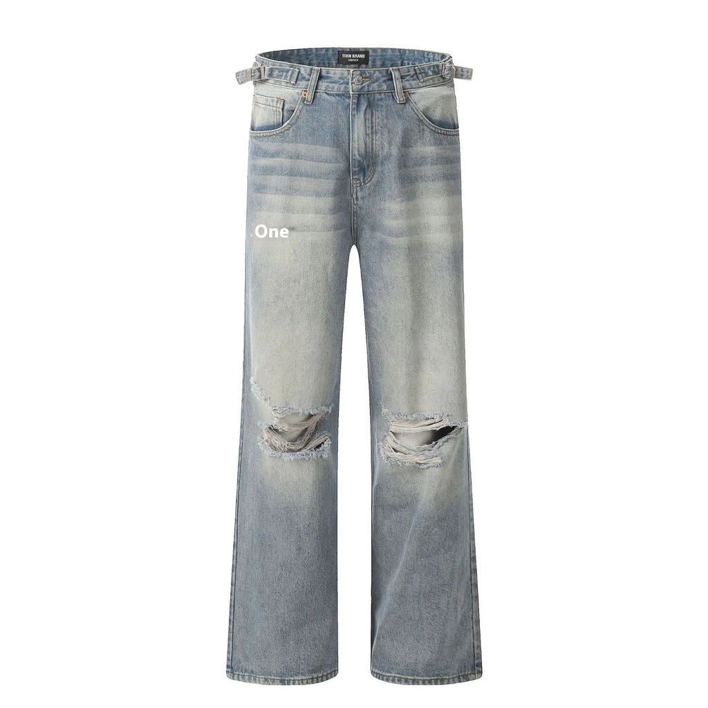 Blue straight-leg men's jeans with retro ripped detailing and zipper fly