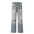 Blue straight-leg men's jeans with retro ripped detailing and zipper fly