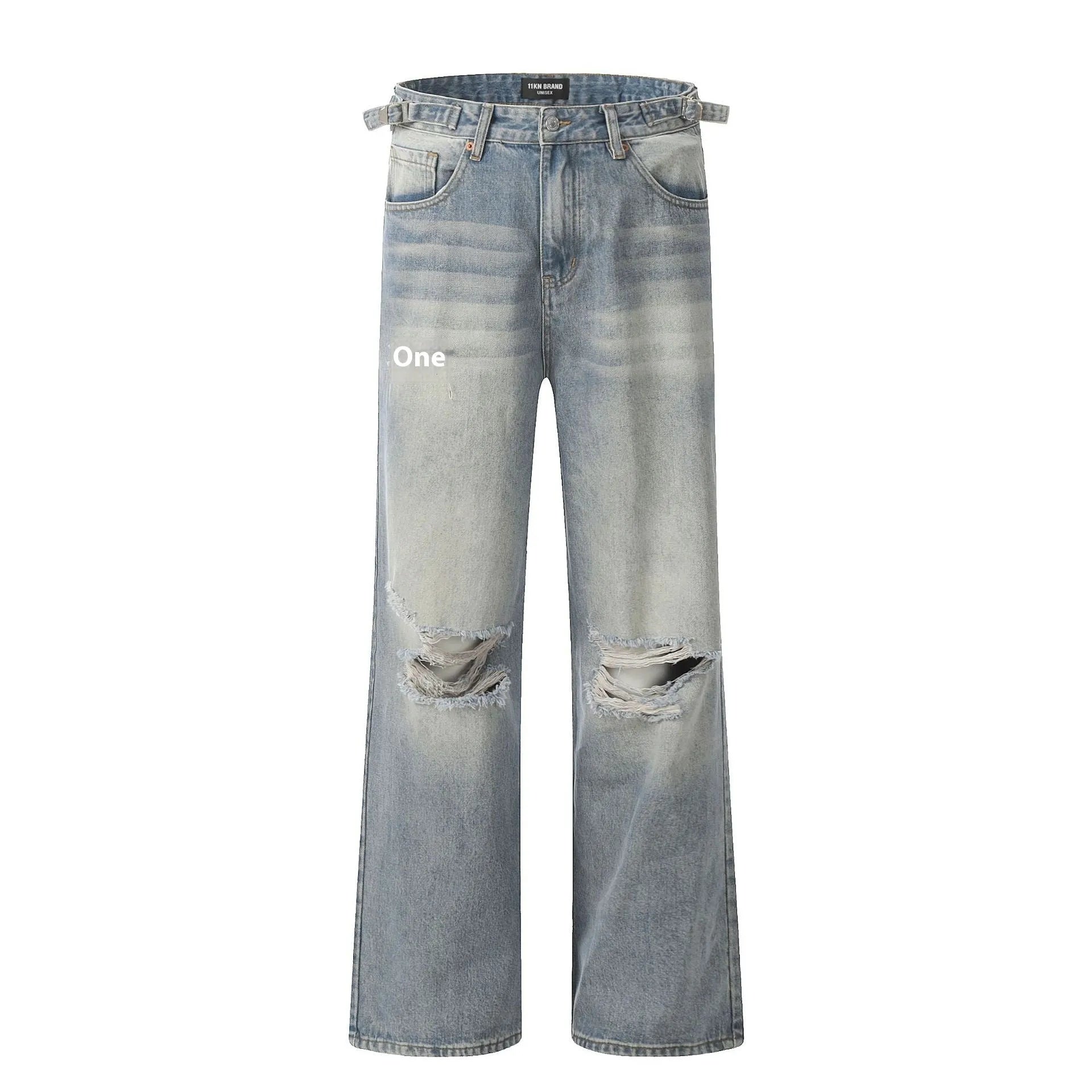 Blue straight-leg men's jeans with retro ripped detailing and zipper fly