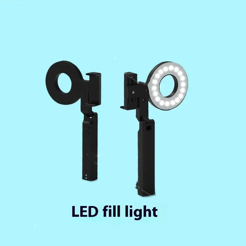 Black handheld LED fill light for phone photography measuring 14.5 x 25.8 x 4.7 cm