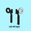 Black handheld LED fill light for phone photography measuring 14.5 x 25.8 x 4.7 cm