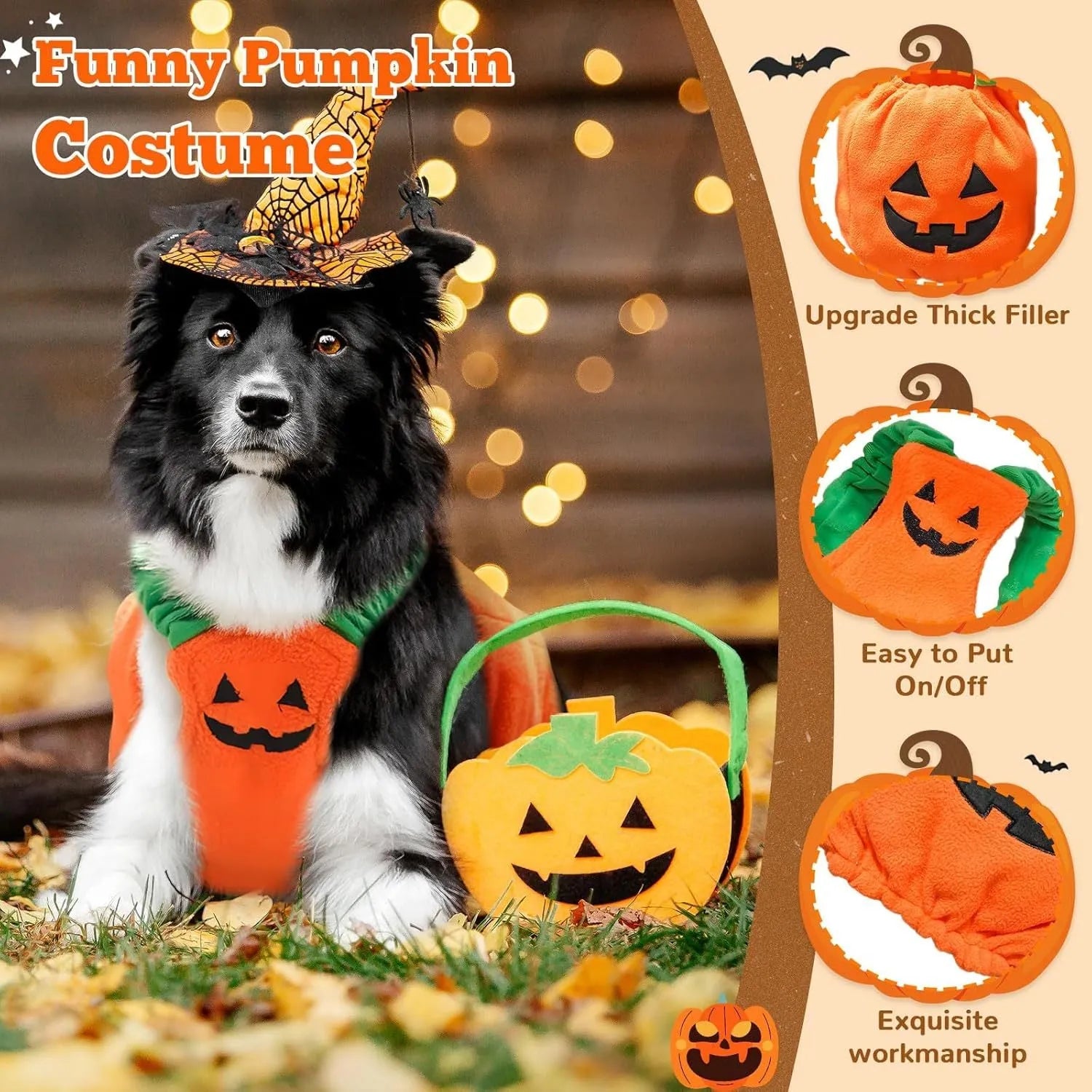 Orange plush pumpkin Halloween costume worn by a small dog, showing pullover design and textured fabric.