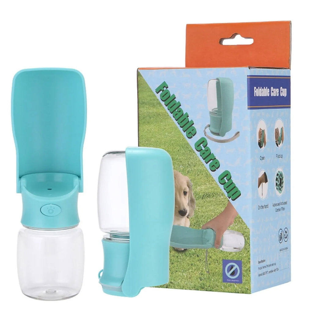 Blue foldable dog water bottle showing portable pet water dispenser in collapsed and expanded states.