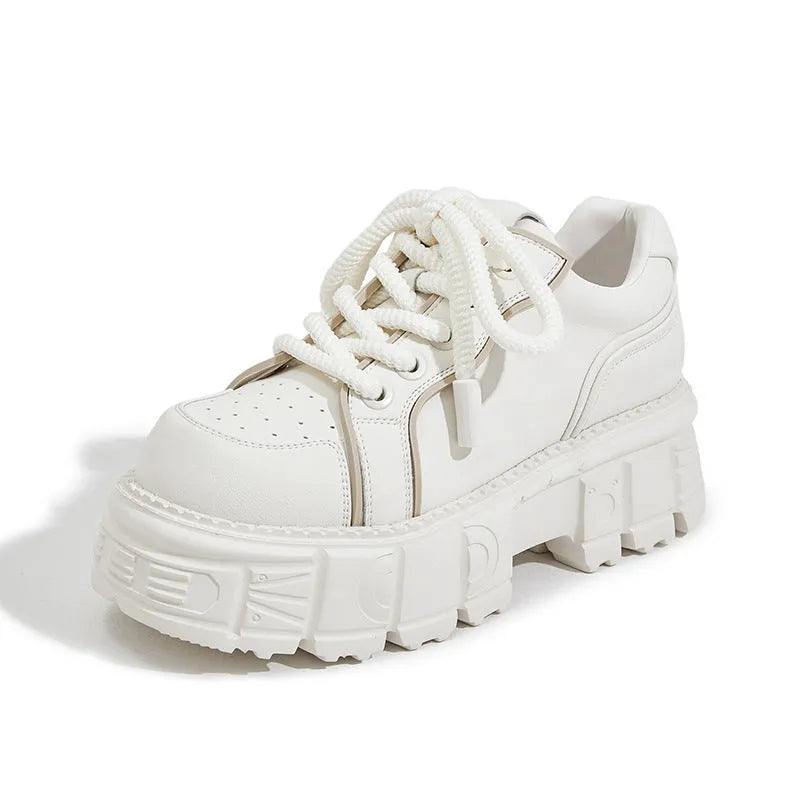Women's beige leather muffin bottom platform shoes with rubber foam soles