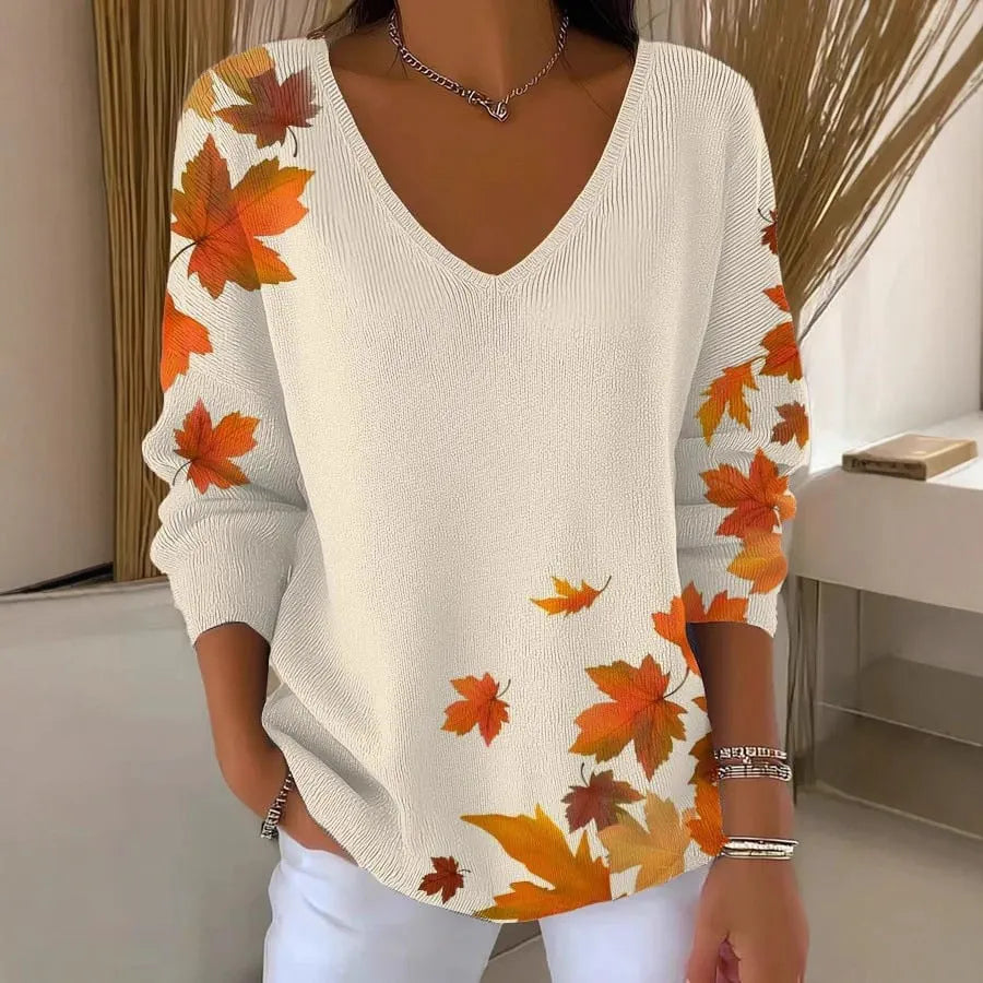 Women's V-neck long sleeve pullover top with 3D digital print and contrast colour in street fashion style