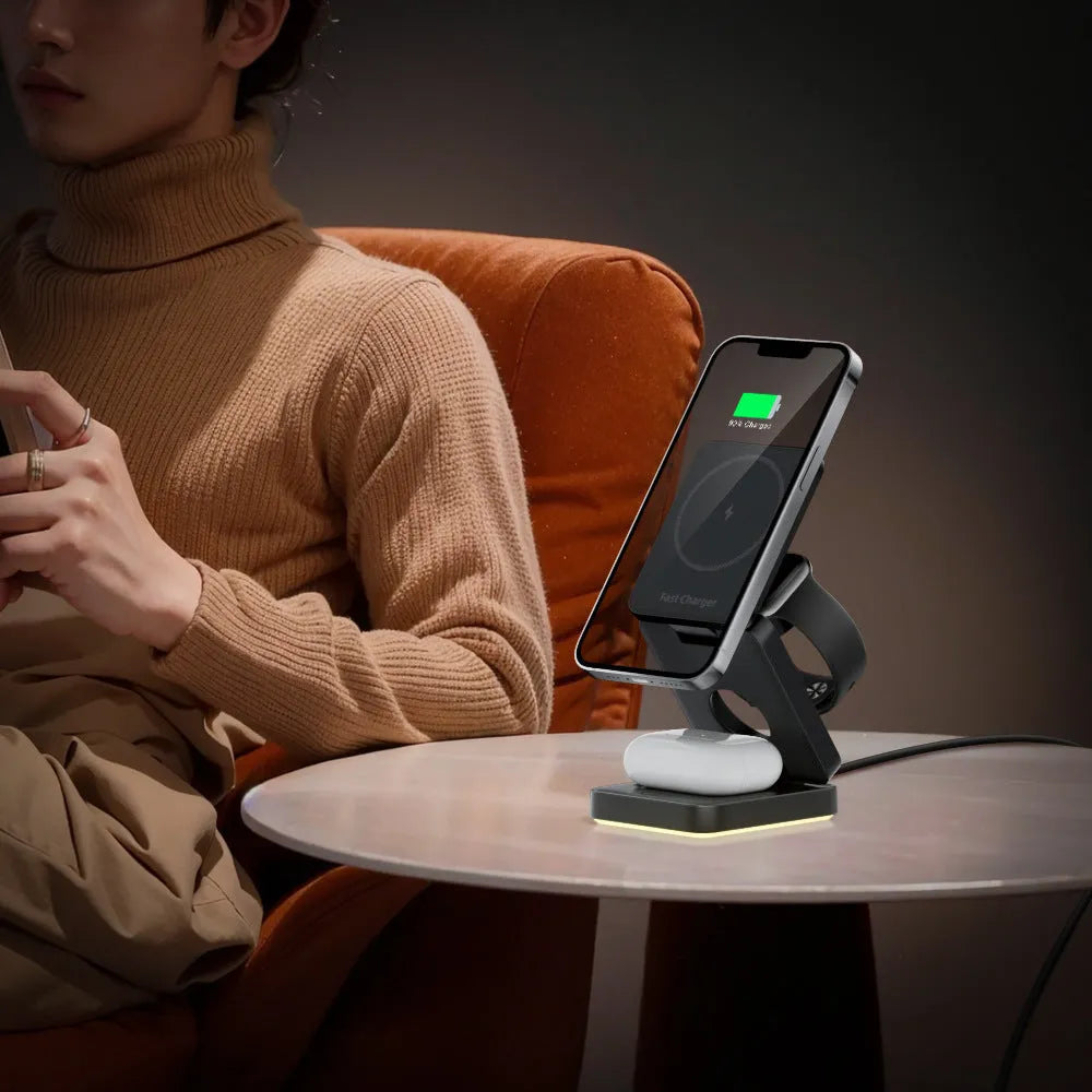 Three-in-one folding magnetic wireless charger in black or white with USB cable and manual