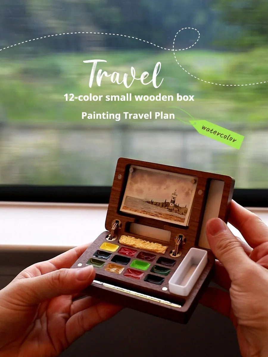 Mini walnut wood watercolour paint box for artist pigment sets.