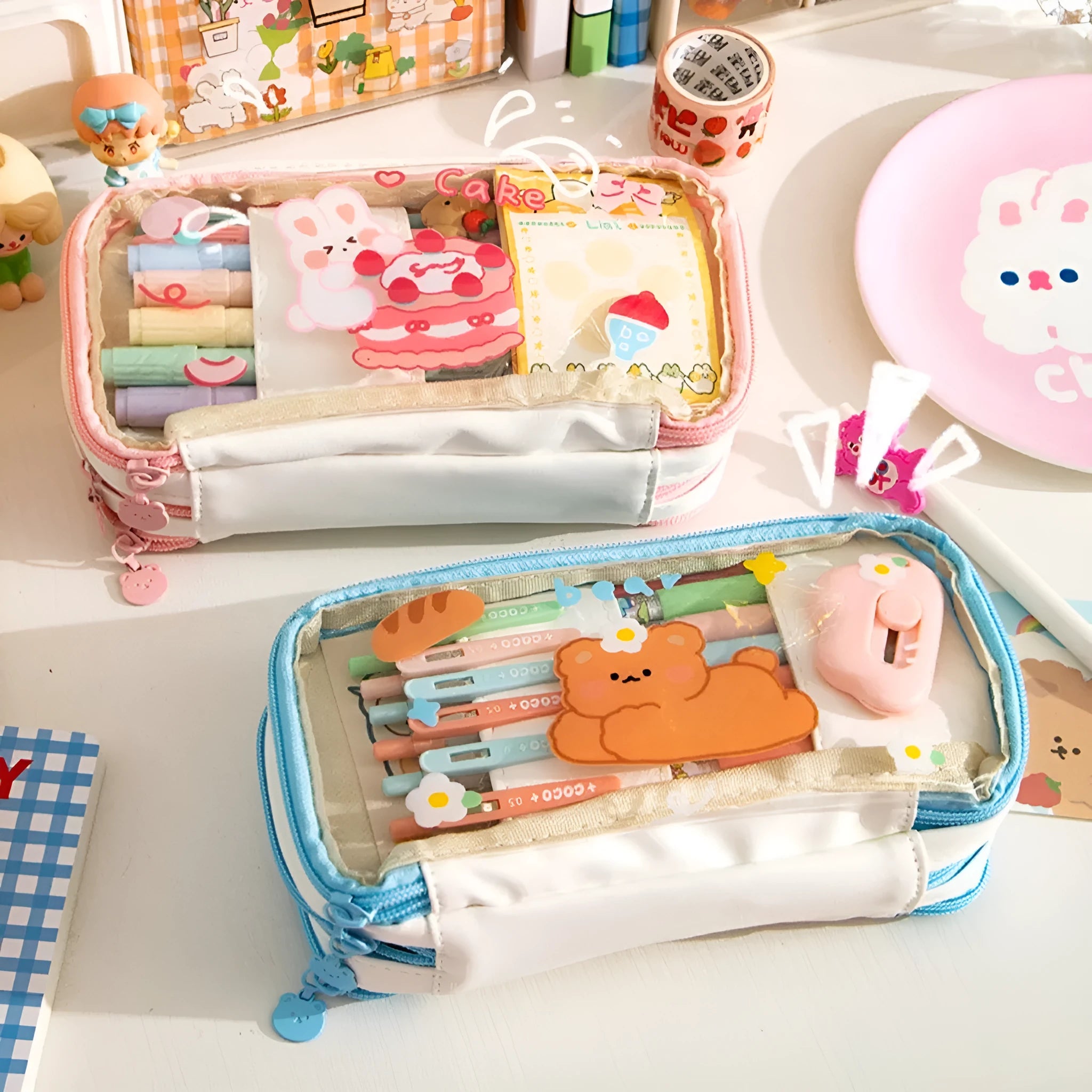 Transparent heart pattern pen bag in pink or red Korean style design