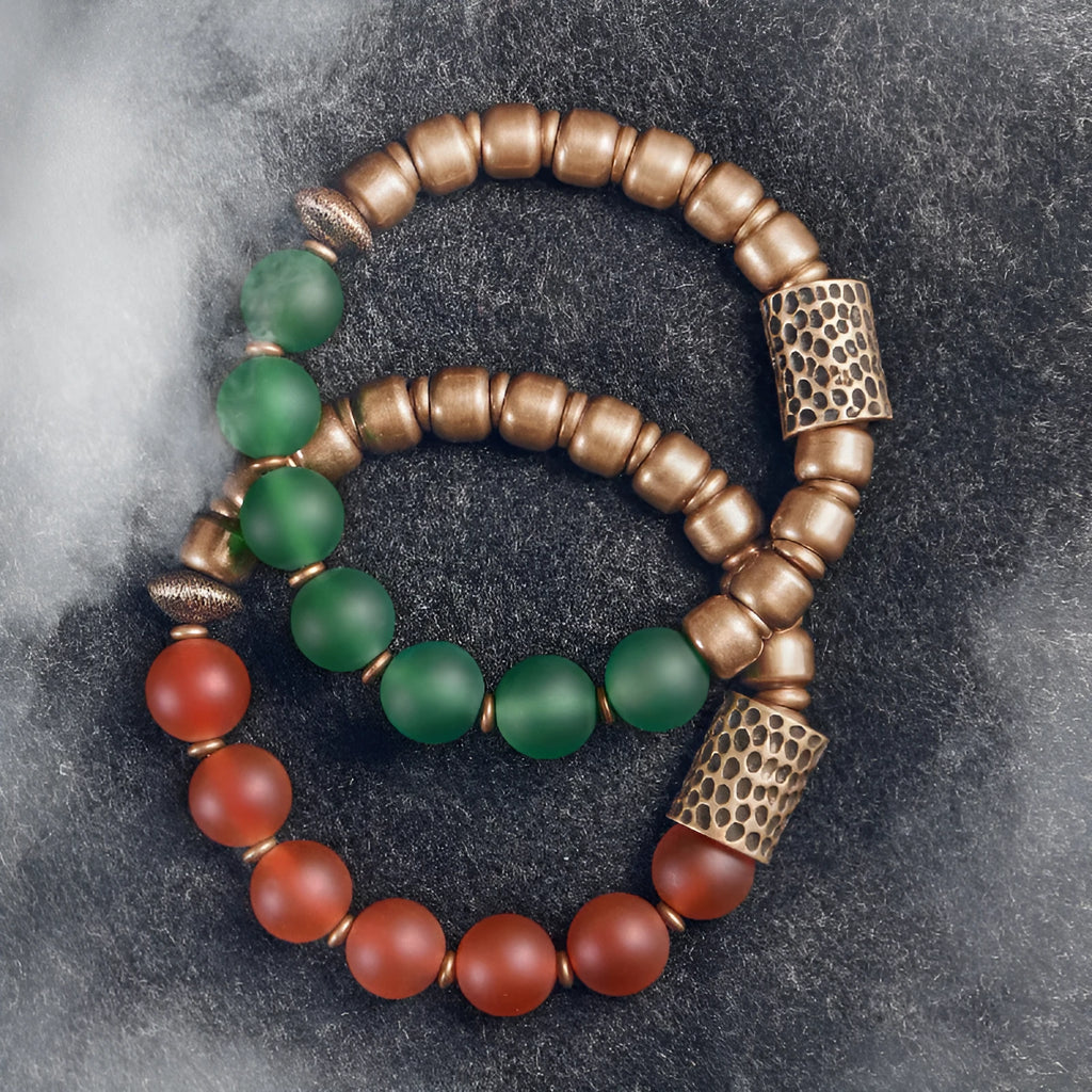 Retro ethnic style couples bracelet with natural green agate beads shown on a wrist.
