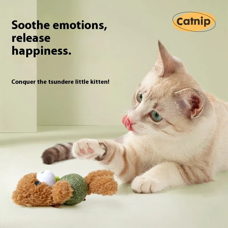 Plush catnip ball toy in brown bear design with a small bell, measuring 15cm tall.