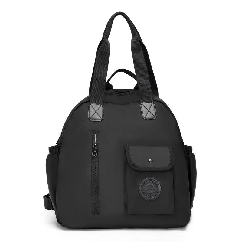Large black nylon outdoor backpack with sandwich pocket, showing dimensions of 48cm height.