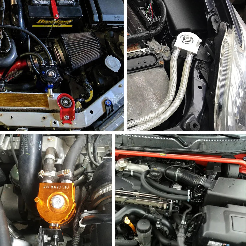 Car modification aluminium alloy engine oil breather pot in red, blue, black, and silver colours.