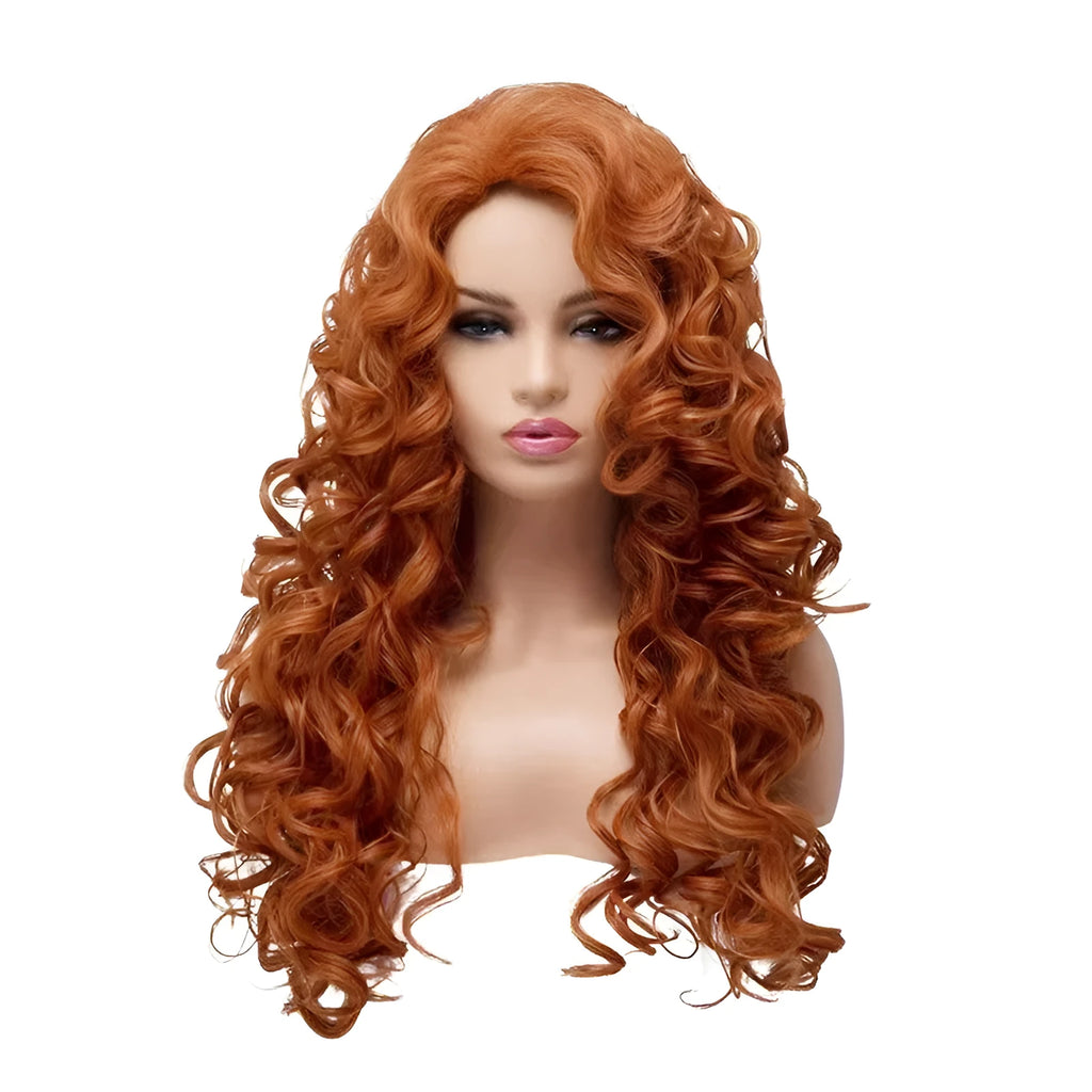 Long wavy curly brown synthetic wig with fluffy texture for Halloween cosplay.
