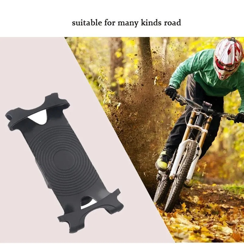 Silicone bicycle phone holder mounted on handlebars showing three adjustment holes