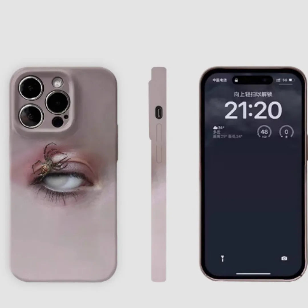 Dark heterochromatic spider design resin iPhone case for anti-fall protection on iPhone 11 to 16Promax models.