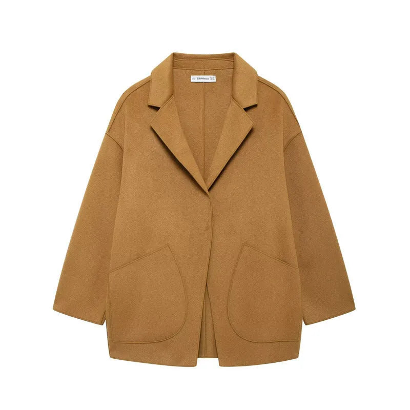 Women's orange double-sided woolen coat, 100cm long, regular fit, long sleeves and pockets, sizes S-M