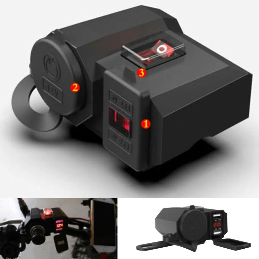 Motorcycle USB waterproof charger dual ports voltmeter model CD-3028 black handlebar mount