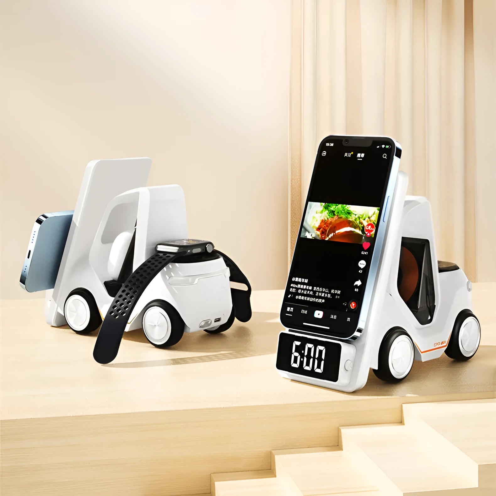 Grey 15W three-in-one wireless fast charging bracket for appliances on a table.