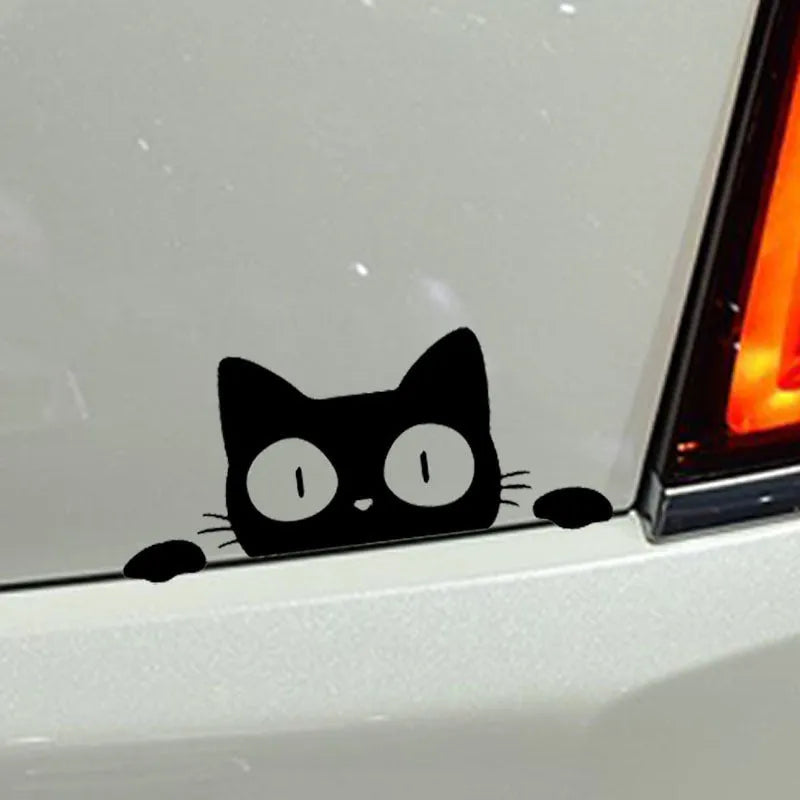 Voyeur cat car sticker in PET material, 13x5.7cm, black or silver white, for vehicle exterior use