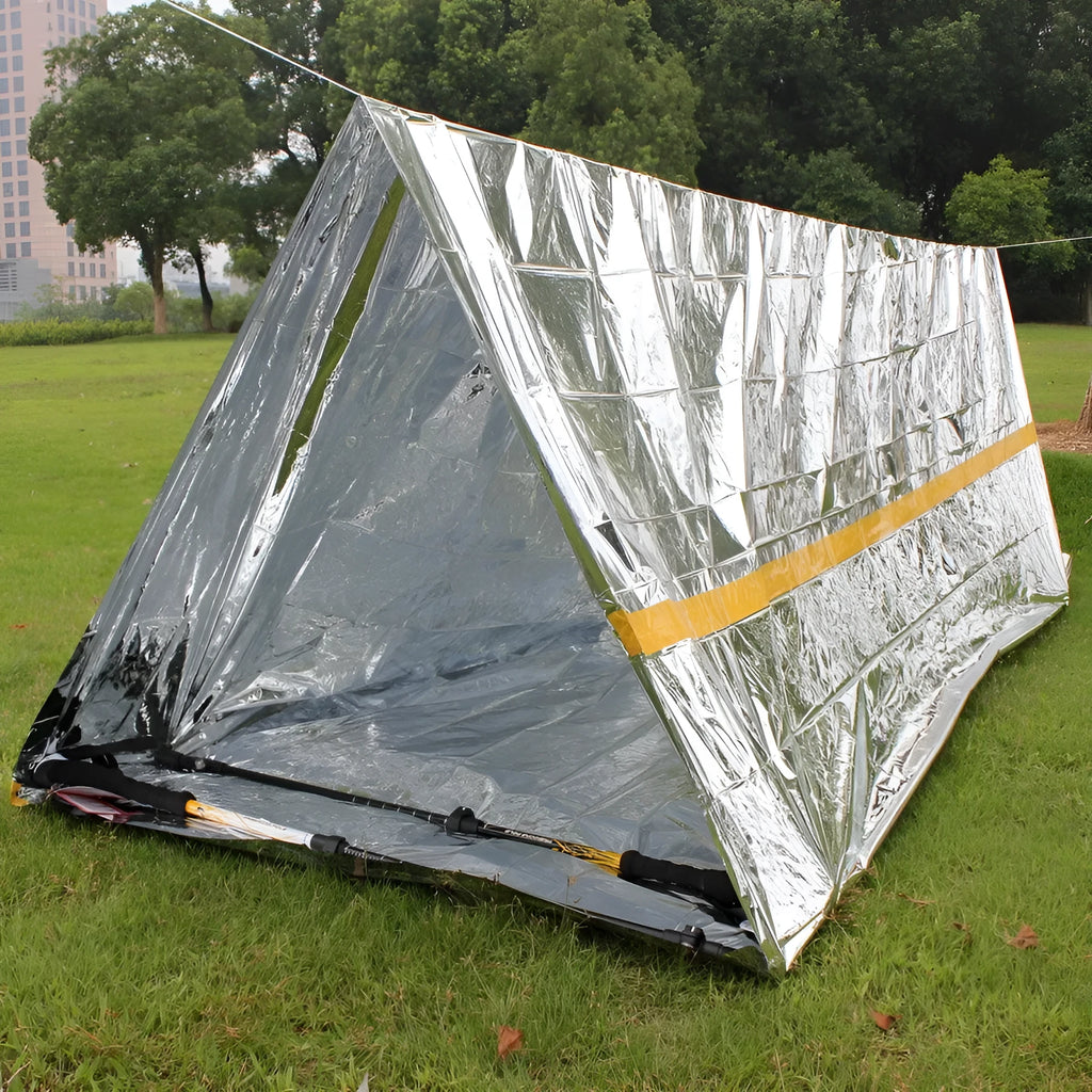 Outdoor first aid tent PET aluminum film survival shelter with rope 2.4x1.5x0.9 metres