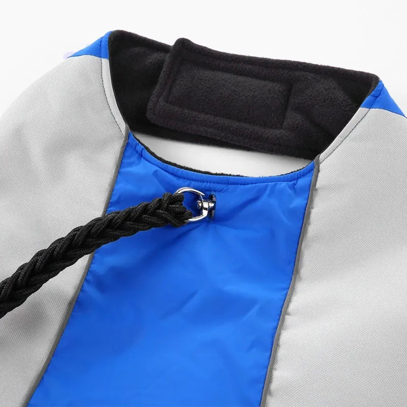 Winter dog coat for large breeds in blue or red, polyester, night reflective, sizes S to 2XL