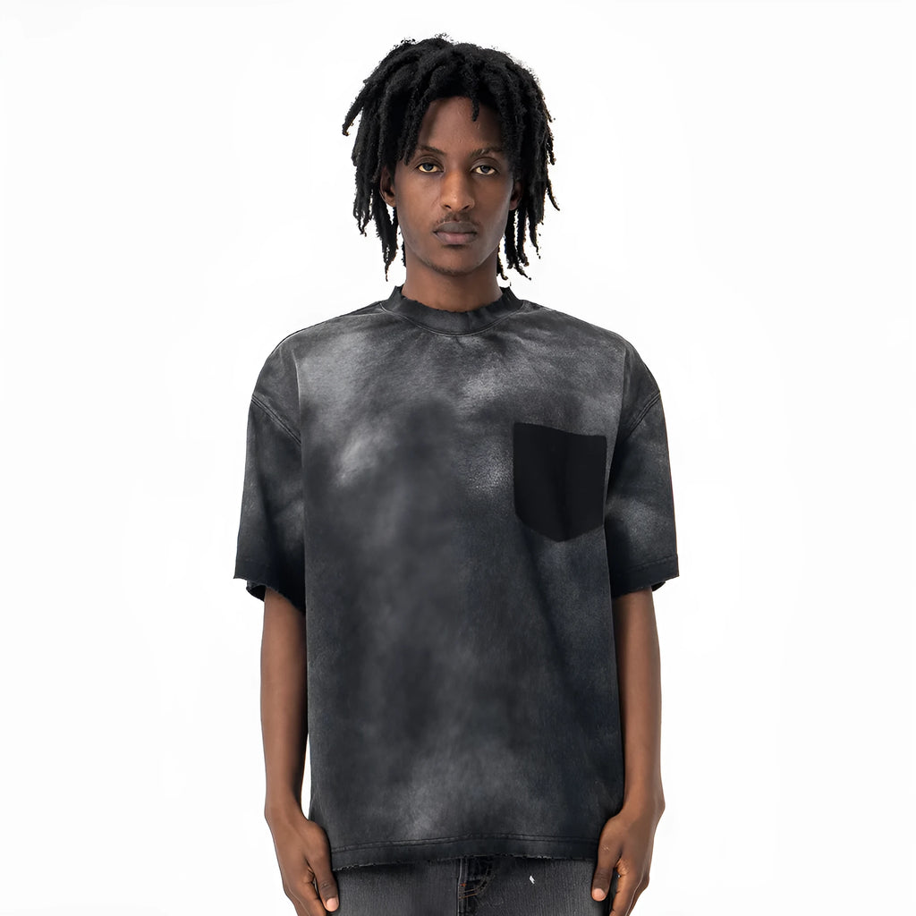 Black men's loose fit cotton T-shirt with printed letter pattern and drop-shoulder short sleeves